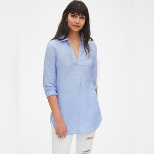 GAP 100% Linen Blue Tunic Shirt Long Sleeve Collared Top – Coastal Chic size S